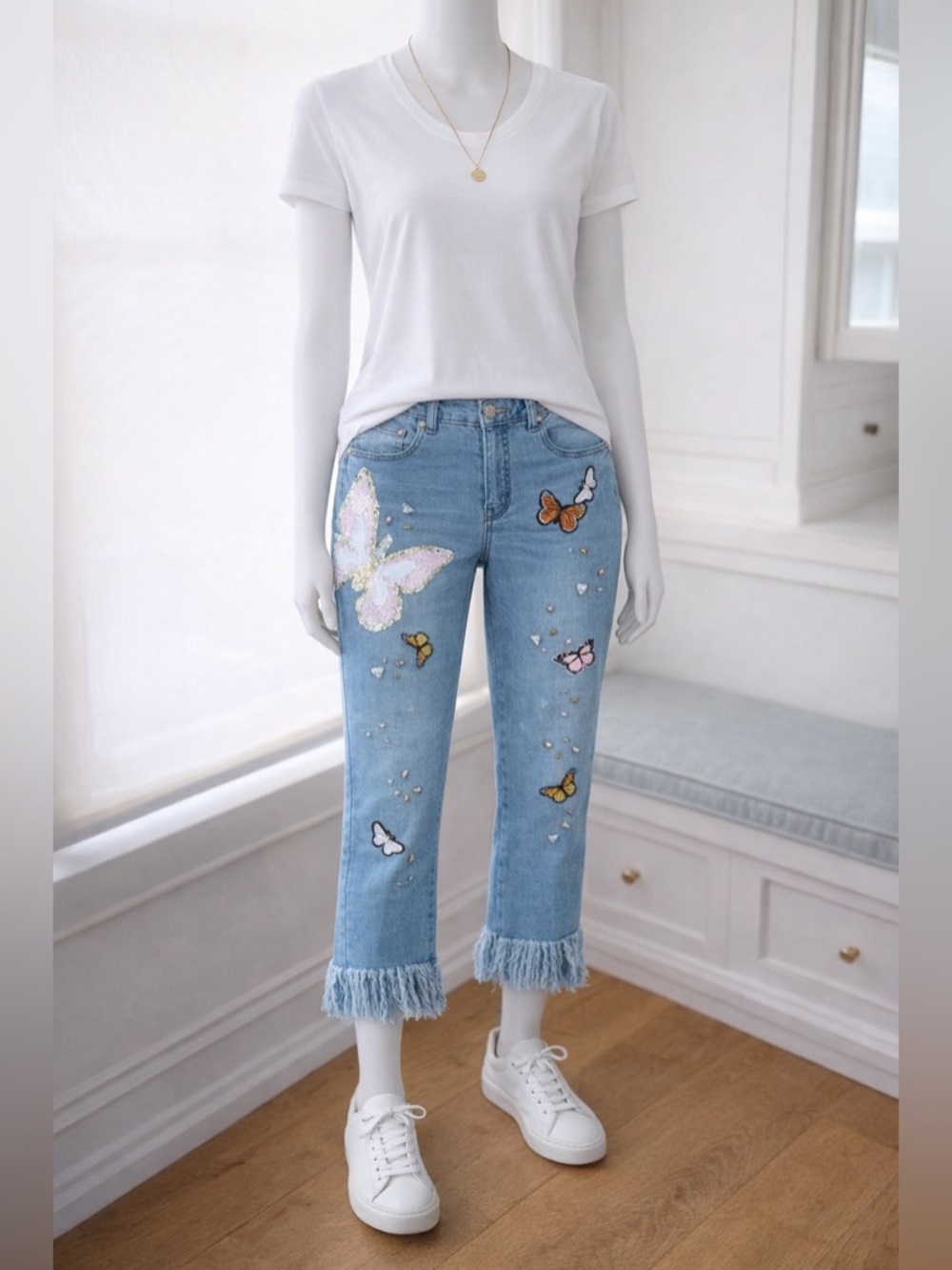 V Christina Embellished Butterfly cropped fringe hem jeans, women’s 10